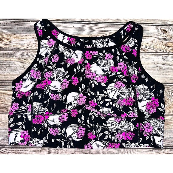 3X Workout Top Sports Bra TORRID Activewear Plus Size Skull Roses Black Pink - Picture 1 of 2